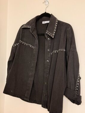 Zara Black Studded Oversized Denim Jacket